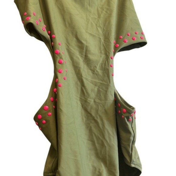 Aerie Real Good Olive Green Cutout One Piece Swimsuit Pink Studs Size M