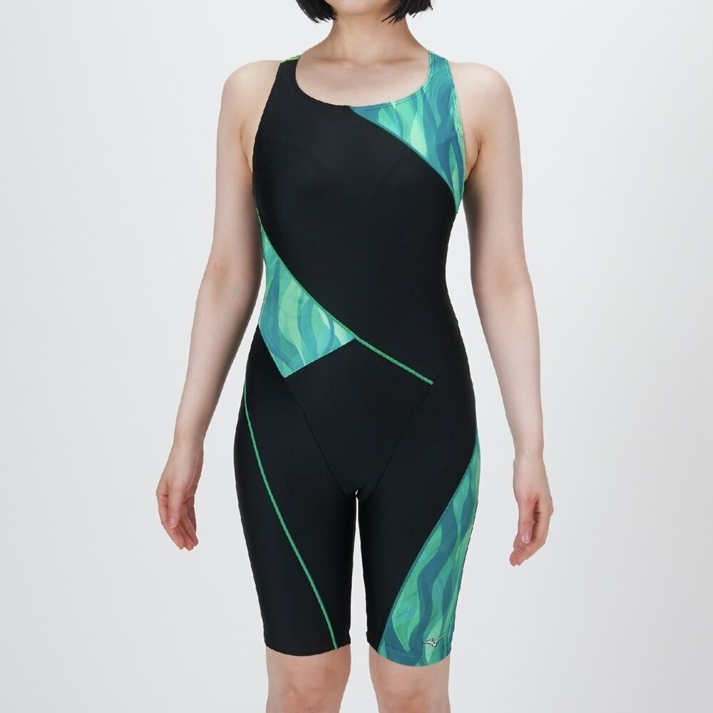 Mizuno Women’s Swim Fitness All-in-One Swimsuit Back Strap Color Cocktail BK/TQ
