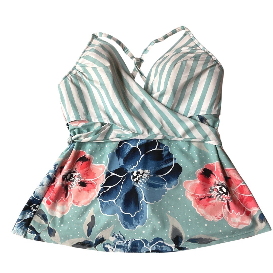 Cacique Women’s Sleeveless Stripe Floral Printed Tankini Swimsuit Top Size