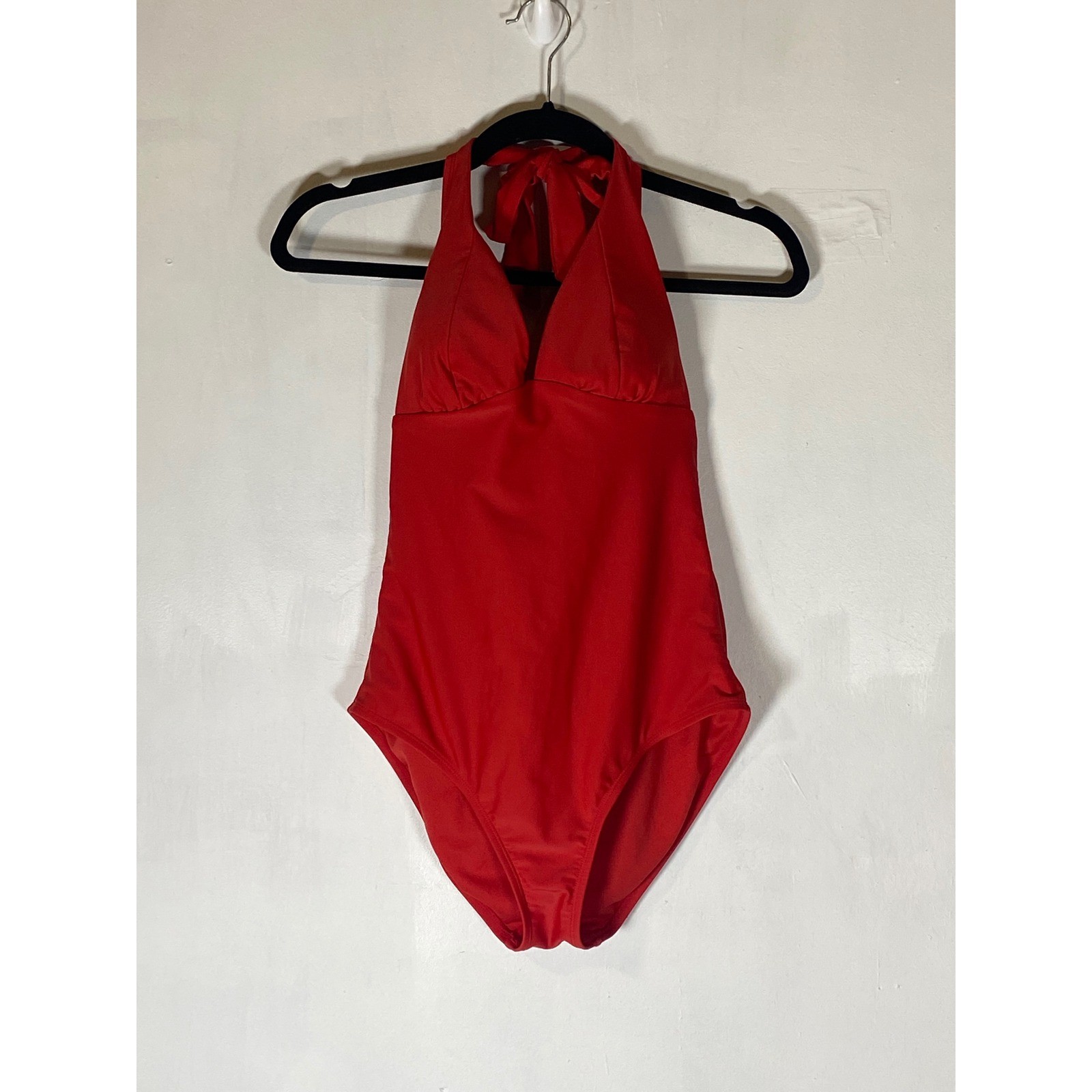 Red Halter One Piece Swimsuit Open Back Tie Neck Tie Back Padded M