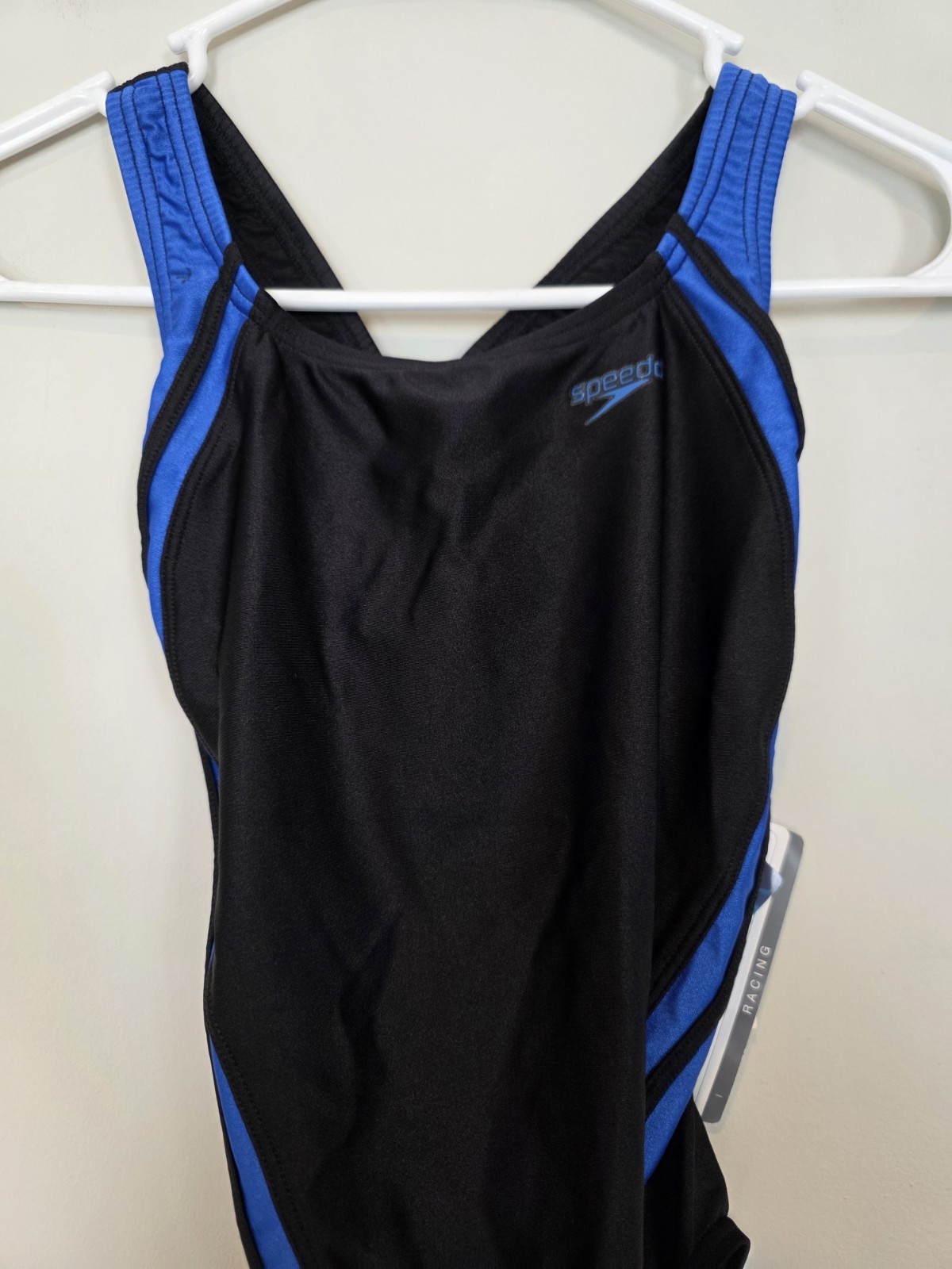 Speedo Racing Women’s Size 6/32 One Piece Swimsuit New w/ Tags Black Blue Lycra