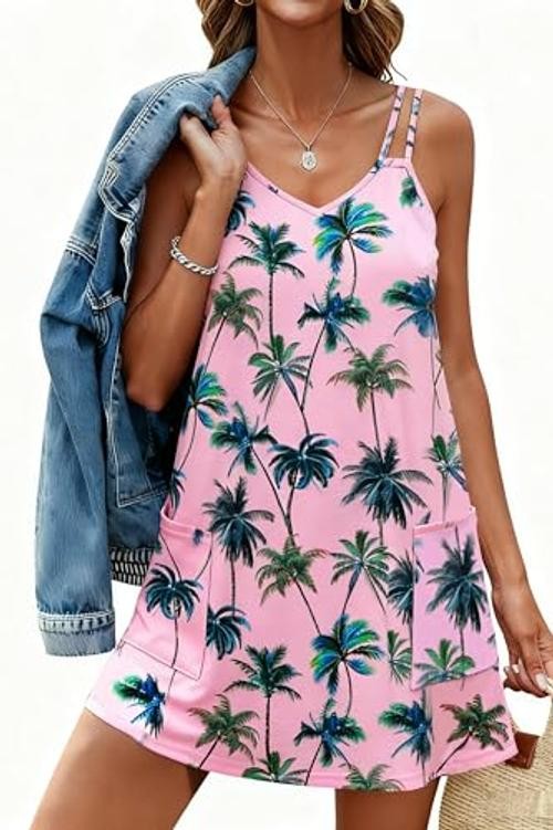 Womens Swimsuit Coverup Spaghetti Strap Bathing Suit Medium Pink Coconut Tree