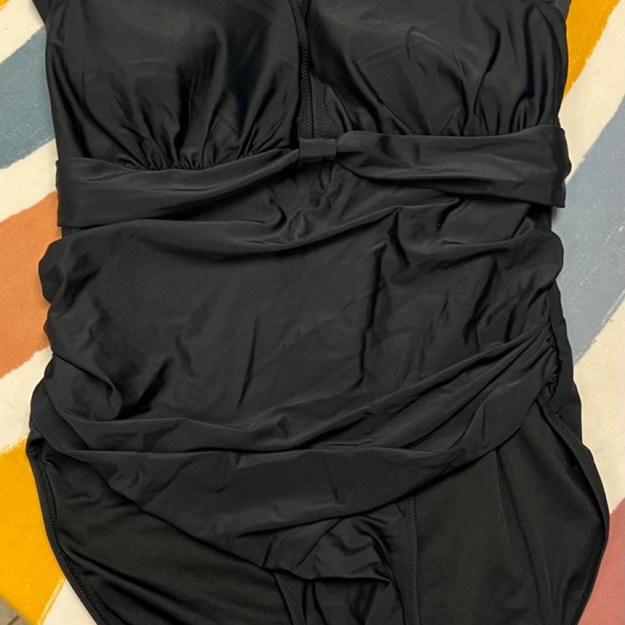 Black one piece swimsuit with ruched sides and tie front detail in size 3XL 50.2