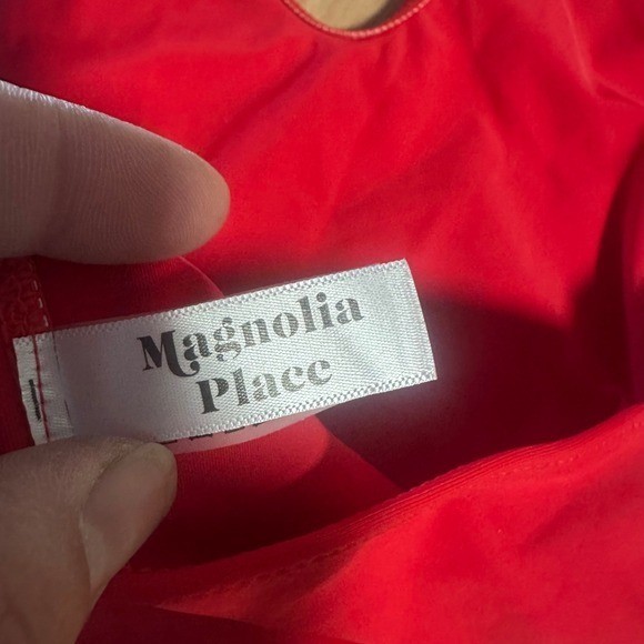 Magnolia Place Womens Red Deep V-Neck Wrap One Piece Swimsuit High Cut Leg L